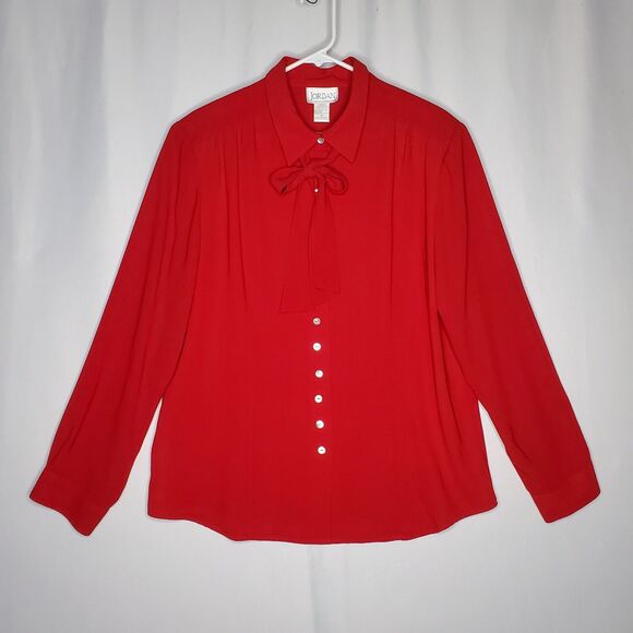 Jordan Bow Tie Neck Button Collar Top Women XL Red Chiffon Old Money Feminine - Picture 1 of 9